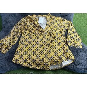 Women's Talbots V-neck 3/4 Sleeve Yellow Navy Diamond Cotton Stretch Top Size P